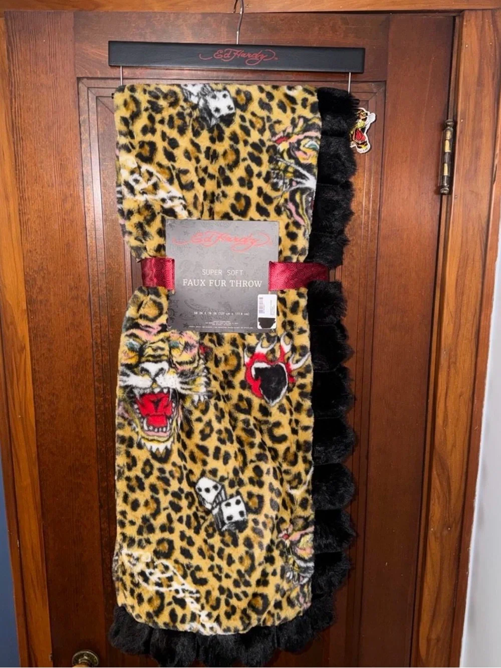 Ed Hardy Leopard & Tiger Faux Fur Throw in Yellow, Black & Red Accents
